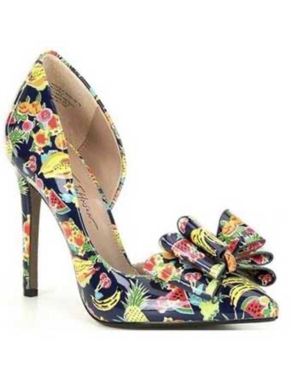 Betsey Johnson Prince Tropical Navy Floral & Fruit Bow Pointed Toe Heels